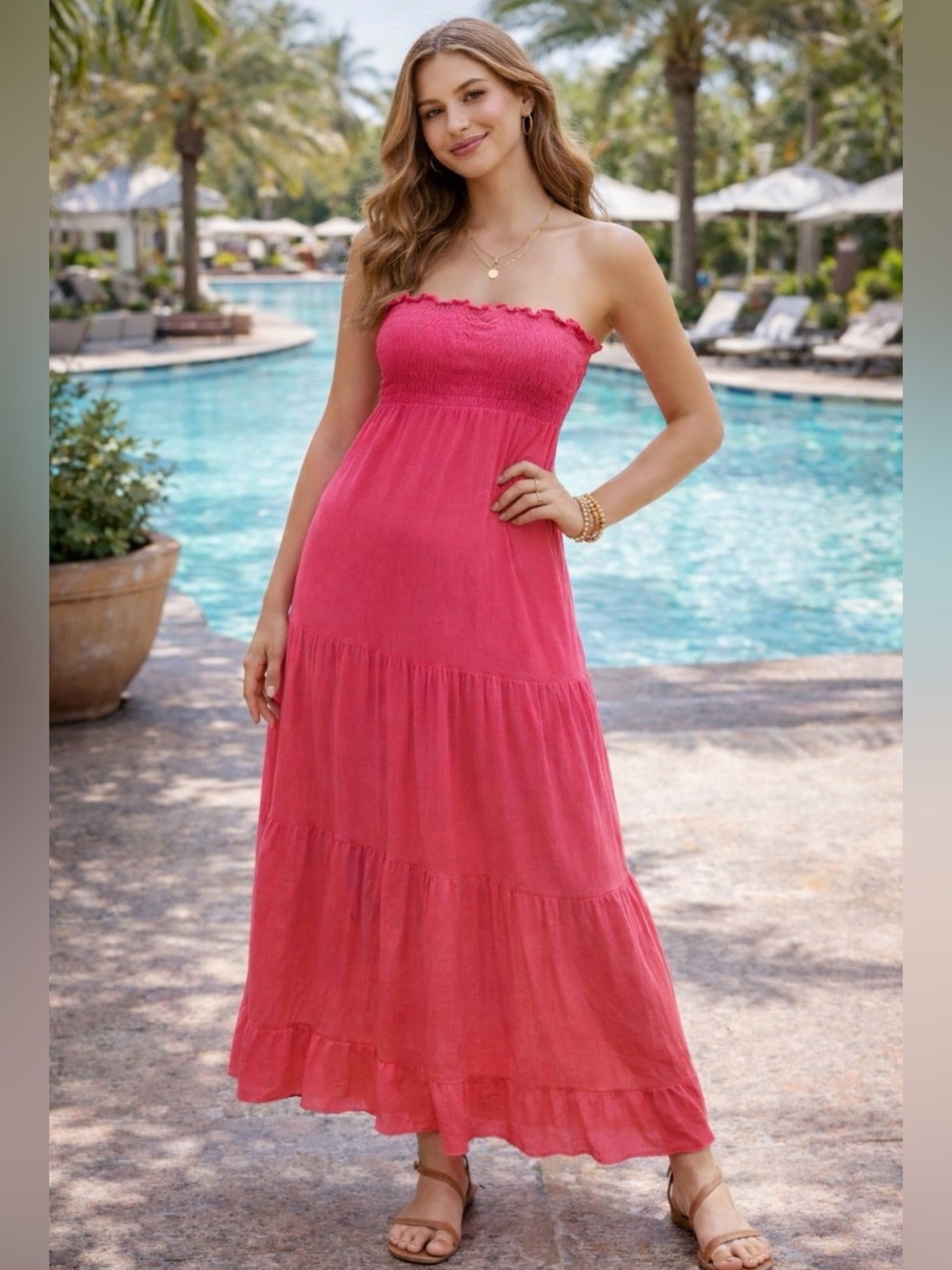 Decree Coral Maxi Dress | Smocked Strapless Summer Beach Dress | Cover-Up | M